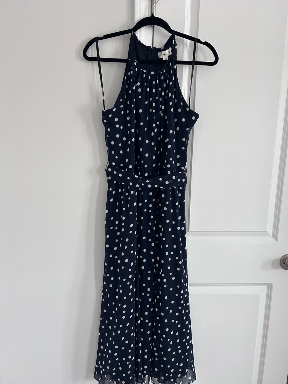 Navy Polka Dot Midi Halter Dress with Waist Tie